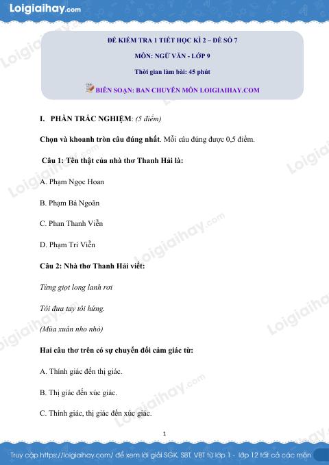 Đề kiểm tra 1 tiết Văn 9 - Đề số 7